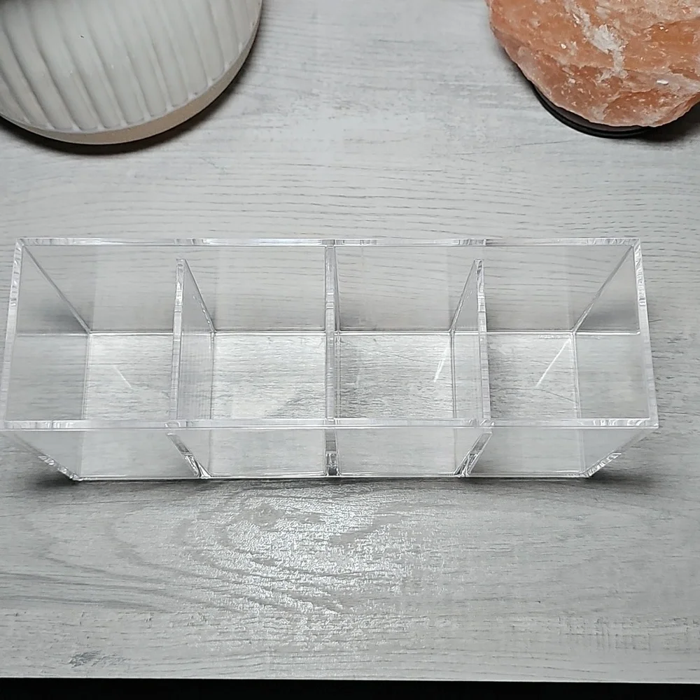 Clear Acrylic Organizer 4 Compartments Makeup Brushes Office Supplies 8.5 x 3.75